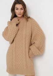 Beżowy Sweter o Wydłużonym Fasonie z Modnym Splotem Ahexa. Brązowe swetry damskie Born2be, bez wzorów, ze splotem, bez kołnierzyka, bez ramiączek, długie, bez kaptura. Za 149.99 zł.