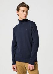 WRANGLER MĘSKA BLUZA TURTLENECK DARK NAVY 112357296 W8D8008616. Niebieskie bluzy męskie Wrangler, l, bez wzorów, z bawełny, bez kaptura. W wyprzedaży za 129.99 zł.