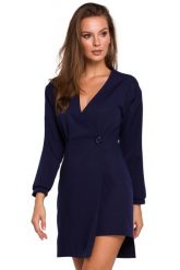 Sukienka elegancka kopertowa asymetryczna mini granatowa. Sukienki damskie Sukienki.shop, xxl, bez wzorów, eleganckie, z asymetrycznym kołnierzem, bez ramiączek, mini, asymetryczne. W wyprzedaży za 132.00 zł.