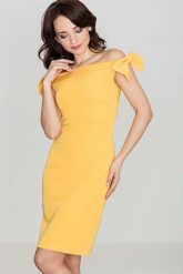 Szykowna Musztardowa Sukienka z Kokardkami na Ramionach. Sukienki damskie SALE, l, bez wzorów, z materiału, eleganckie, bez kołnierzyka, bez ramiączek. Za 74.70 zł.
