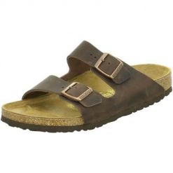 Klapki Birkenstock Arizona. Brązowe klapki damskie Birkenstock, bez wzorów, z jeansu, eleganckie, bez obcasa. Za 526.25 zł.