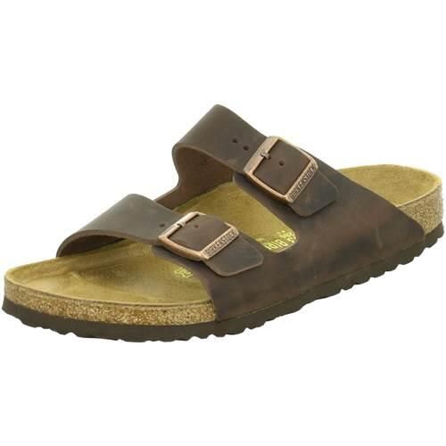 Klapki Birkenstock Arizona. Brązowe klapki damskie Birkenstock, bez wzorów, z jeansu, eleganckie, bez obcasa. Za 399.00 zł.