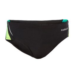 Slipki pływackie dla dzieci Nabaiji 900 Yoke Grad. Czarne kąpielówki dla chłopców Decathlon, bez wzorów, z elastanu. Za 29.99 zł.