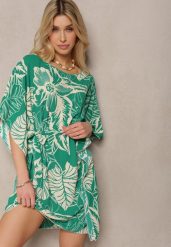 Zielona Kwiecista Sukienka z Krótkim Rękawem i Wiązaniem w Talii Fasila. Zielone sukienki damskie Renee, na lato, l, bez wzorów, z materiału, bez kołnierzyka, bez ramiączek, mini. Za 39.99 zł.