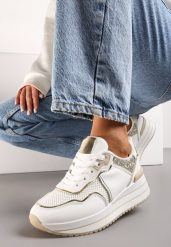 Białe Sneakersy na Niskiej Platformie ze Wstawkami z Brokatu Quinnes. Białe obuwie sportowe damskie Renee, bez wzorów. Za 89.99 zł.