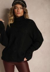 Czarny Golf z Wiskozą w Stylu Oversize z Ozdobnym Splotem Korremi. Czarne swetry damskie Renee, m, bez wzorów, z wiskozy, eleganckie, bez kołnierzyka, bez ramiączek, długie, bez kaptura. Za 79.99 zł.