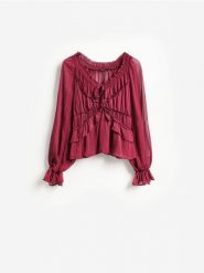 Bluzka z falbanami - ciemnofioletowy. Fioletowe bluzki damskie Reserved, l, bez wzorów, z tkaniny, bez kołnierzyka, bez ramiączek. Za 139.99 zł.