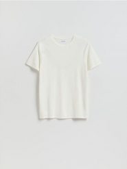 T-shirt slim fit z wiskozą - biały. Białe t-shirty męskie Reserved, l, bez wzorów, z dzianiny, bez kołnierzyka. Za 79.99 zł.