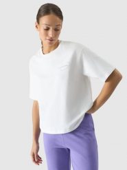 4F T-shirt oversize z nadrukiem damski - biały XS. Białe koszulki sportowe damskie 4f, xs, bez wzorów, z bawełny, bez kołnierzyka, bez ramiączek. W wyprzedaży za 39.99 zł.