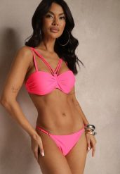 Różowe Bikini Majtki Typu Figi i Biustonosz z Ozdobnymi Paskami Fadelinna. Czerwone bikini damskie Renee, na lato, bez wzorów. Za 54.99 zł.