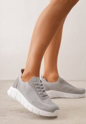 Szare Dzianinowe Sneakersy na Grubej Podeszwie ze Żłobieniami Enolora. Szare obuwie sportowe damskie Born2be, bez wzorów, z dzianiny, na fitness i siłownię. Za 79.99 zł.