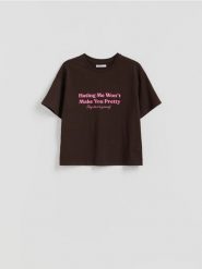 T-shirt z nadrukiem - ciemnobrązowy. Brązowe t-shirty damskie Reserved, l, bez wzorów, z bawełny, bez kołnierzyka. Za 45.99 zł.