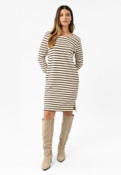 Bawełniana sukienka w paski G-PURE. Brązowe sukienki damskie Volcano, na co dzień, s, bez wzorów, z bawełny, eleganckie, bez kołnierzyka, bez ramiączek, mini, dopasowane. Za 159.99 zł.