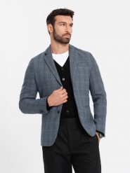 Żakardowa marynarka męska w delikatną kratę - grafitowa V1 - Rozmiar: S. Szare marynarki męskie Ombre Clothing, bez wzorów, z materiału. W wyprzedaży za 149.99 zł.