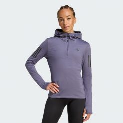 Bluza Own The Run Winterized Hooded Half-Zip. Fioletowe bluzy sportowe damskie Adidas, m, bez wzorów, z kapturem, do biegania, climawarm (adidas). Za 227.99 zł.