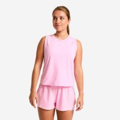 Koszulka bez rękawów damska Domyos fitness crop top. Czerwone koszulki sportowe damskie DOMYOS, m, bez wzorów, z bawełny, bez kołnierzyka, bez ramiączek, na fitness i siłownię. Za 44.99 zł.