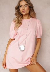 Różowa Pudełkowa Sukienka Mini z Saszetką Dalana. Czerwone sukienki damskie Renee, na spotkanie biznesowe, na lato, bez wzorów, z jeansu, eleganckie, bez kołnierzyka, bez ramiączek, mini. Za 84.99 zł.
