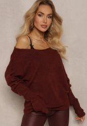 Bordowy Sweter z Lnem Oversize z Dekoltem w Łódkę Sassista. Czerwone swetry damskie Renee, m, bez wzorów, z jeansu, biznesowe, bez kołnierzyka, bez ramiączek, bez kaptura. Za 119.99 zł.