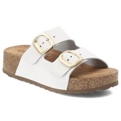 Klapki damskie Yokono, cholewka ze skóry naturalnej licowej z dwoma szerokimi paskami z regulacją na metalowe klamry, białe, Wiwi-003 Opa Blanco. Białe klapki damskie Yokono, bez wzorów, ze skóry, bez obcasa. Za 239.00 zł.