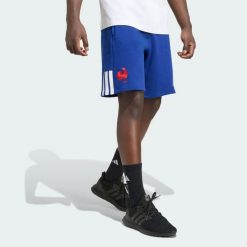 Szorty Francja Rugby Travel. Niebieskie krótkie spodenki sportowe męskie Adidas, l, bez wzorów, z bawełny, na fitness i siłownię. Za 239.00 zł.