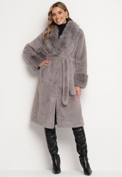 Szary Futerkowy Płaszcz z Szerokim Kołnierzem i Mankietami z Wiązanym Paskiem Viaruna. Szare płaszcze damskie Born2be, l, bez wzorów, z dzianiny, eleganckie, długie, bez kaptura. Za 239.99 zł.