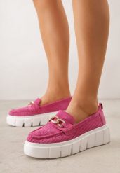 Fuksjowe Perforowane Mokasyny ze Skóry Naturalnej z Aplikacją na Platformie Heilarta. Czerwone mokasyny damskie Renee, z jeansu. Za 179.99 zł.