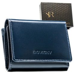 Mały portfel damski ze skóry naturalnej w granatowym kolorze, wyposażony w system RFID - Rovicky. Portfele damskie bez wzorów, ze skóry. Za 42.00 zł.