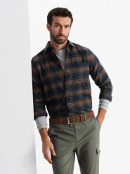 Męska flanelowa koszula w kratę - granatowo-pomarańczowa V7 - Rozmiar: XL. Brązowe koszule męskie Ombre Clothing, m, bez wzorów, bez kołnierzyka, bez ramiączek. W wyprzedaży za 79.99 zł.