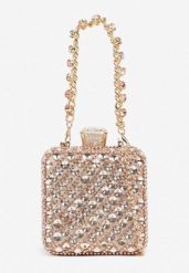 Szampańska Torebka Kopertówka Vices z Odpinanym Łańcuszkiem Zdobiona Cyrkoniami Fesollia. Żółte kopertówki damskie Renee, z aplikacjami, z satyny, eleganckie, na ramię, małe, zdobione, bez dodatków. Za 89.99 zł.