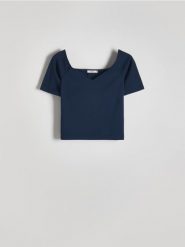 Bluzka z wiskozą - granatowy. Niebieskie bluzki damskie Reserved, l, bez wzorów, z tkaniny, bez kołnierzyka, bez ramiączek. W wyprzedaży za 35.99 zł.