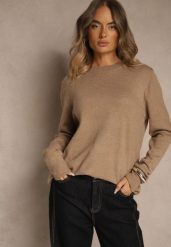 Ciemnobeżowy Klasyczny Sweter z Wełną i Bawełną Bez Zdobień Neandia. Brązowe swetry damskie Renee, z aplikacjami, z bawełny, casualowe, bez kołnierzyka, bez ramiączek, bez kaptura. Za 69.99 zł.