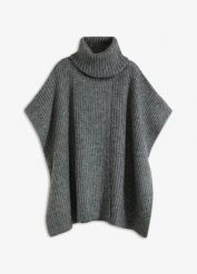 Sweter poncho, z wełną. Szare swetry damskie bonprix, bez wzorów, z wełny, bez kołnierzyka, bez ramiączek, bez kaptura. Za 149.99 zł.