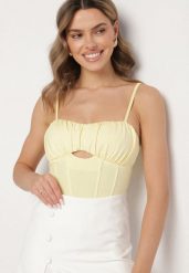 Żółty Gorsetowy Top z Wiskozą i Usztywnionymi Miseczkami Evitris. Żółte bluzki damskie Born2be, m, bez wzorów, z wiskozy, eleganckie, bez kołnierzyka, bez ramiączek. Za 89.99 zł.