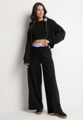 Czarny Komplet Dresowy z Wiskozą Bluza z Kapturem i Szerokie Spodnie Lanriva. Czarne bluzy damskie Born2be, bez wzorów, z dresówki, z kapturem. Za 189.99 zł.