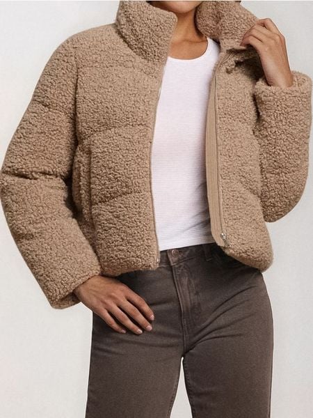 Kurtka teddy - brązowy. Brązowe kurtki damskie Sinsay, l, bez wzorów, bez kaptura. Za 99.99 zł.