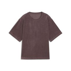 Damska koszulka Essentials Elevated Velour Rib o luźnym kroju PUMA Raisin Purple. Fioletowe obuwie sportowe damskie Puma, bez wzorów, na fitness i siłownię. Za 129.00 zł.
