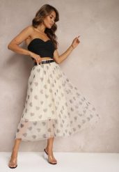 Beżowa Tiulowa Rozkloszowana Spódnica Plisowana z Aplikacjami Serc i Gumką w Pasie Missari. Brązowe spódnice damskie Renee, l, z aplikacjami, z tiulu, eleganckie, midi, plisowane. Za 44.99 zł.