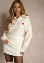 Biały Sweter z Wełną Wiskozą i Bawełną z Sercem Monisella. Białe swetry damskie Renee, m, bez wzorów, z bawełny, casualowe, bez kołnierzyka, bez ramiączek, bez kaptura. Za 129.99 zł.