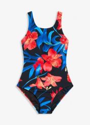 Kostium kąpielowy o średnim stopniu modelowania sylwetki. Czarne kostiumy jednoczęściowe damskie bonprix, bez wzorów, eleganckie. Za 59.99 zł.