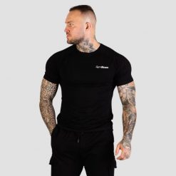 Koszulka męska fitness slim z krótkim rękawem czarna TRN. Czarne koszulki sportowe męskie GYMBEAM, m, bez wzorów, z bawełny, bez kołnierzyka, bez ramiączek, na fitness i siłownię. Za 72.90 zł.