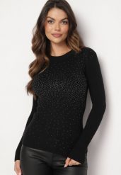 Czarny Sweter Prążkowany z Cyrkoniami Romivra. Czarne swetry damskie Born2be, uniwersalny, bez wzorów, z jeansu, eleganckie, bez kołnierzyka, bez ramiączek, długie, bez kaptura. Za 44.99 zł.
