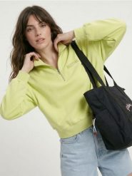 Bluza half-zip z haftowanym napisem z bawełną - zielony. Zielone bluzy damskie Sinsay, l, bez wzorów, z bawełny, bez kaptura. Za 49.99 zł.