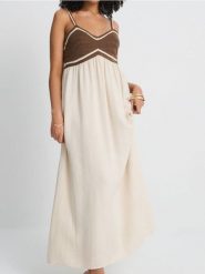 Maxi sukienka na ramiączkach w stylu boho - kremowy. Białe sukienki damskie Sinsay, l, bez wzorów, boho, bez kołnierzyka, bez ramiączek, maxi. Za 59.99 zł.