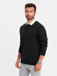 Bluza męska z białym kołnierzykiem polo - czarna V6 - Rozmiar: M. Czarne bluzy męskie Ombre Clothing, m, bez wzorów, z bawełny, bez kaptura. W wyprzedaży za 59.99 zł.