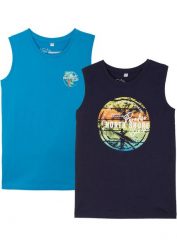 Tank top chłopięcy (2 szt.), z bawełny organicznej. Niebieskie koszule dla chłopców bonprix, bez wzorów, z bawełny, bez ramiączek. Za 69.99 zł.