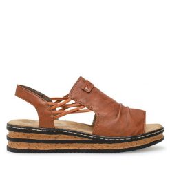 Sandały Rieker. Brązowe klapki damskie Rieker, bez wzorów, bez obcasa, na koturnie, bez zapięcia. Za 219.99 zł.