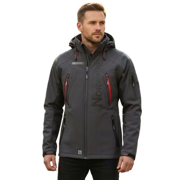 Męska Kurtka Soft Shell Techno. Szare kurtki męskie Geographical Norway, m, z aplikacjami, z elastanu, z kapturem. Za 249.00 zł.