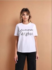 Bawełniana koszulka z napisem SUMMER WISHES - biały. Białe t-shirty damskie Sinsay, l, bez wzorów, z bawełny, bez kołnierzyka. Za 25.99 zł.