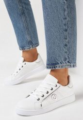 Biało-Srebrne Sznurowane Sneakersy na Płaskiej Podeszwie z Ekoskóry Ozdobnymi Wstawkami Armande. Białe obuwie sportowe damskie Born2be, bez wzorów. Za 89.99 zł.