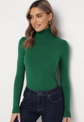 Ciemnozielony Golf z Długim Rękawem Adegera. Zielone swetry damskie Born2be, l, bez wzorów, z dzianiny, klasyczne, bez kołnierzyka, bez ramiączek, długie, bez kaptura. Za 49.99 zł.